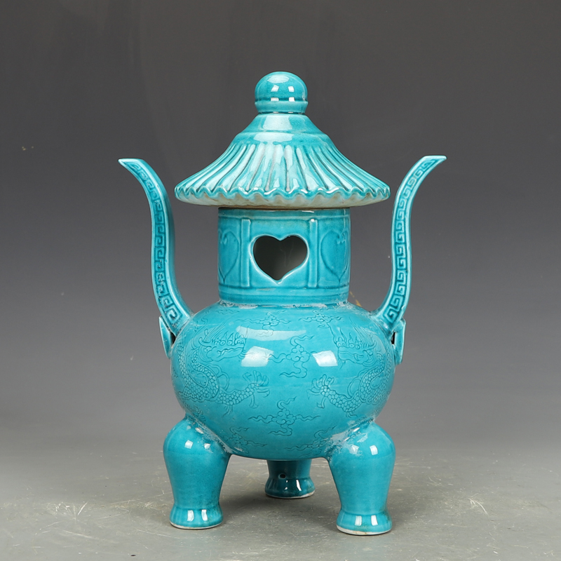 明弘治瓷器孔雀绿釉香炉古董古玩明清老瓷器旧货老货收藏摆件