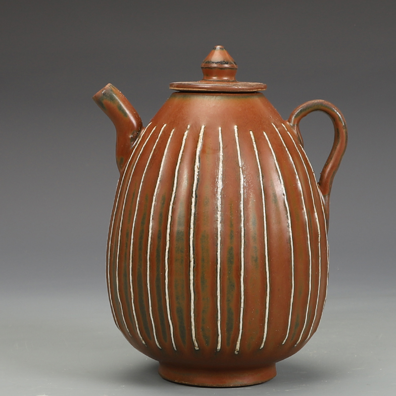 宋瓷收藏磁州窑紫金釉线纹执壶茶壶古董古玩旧货老货收藏