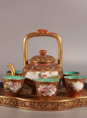 大清乾隆珐琅彩雕刻描金开窗西洋人物茶壶一套古董古玩收藏品瓷器