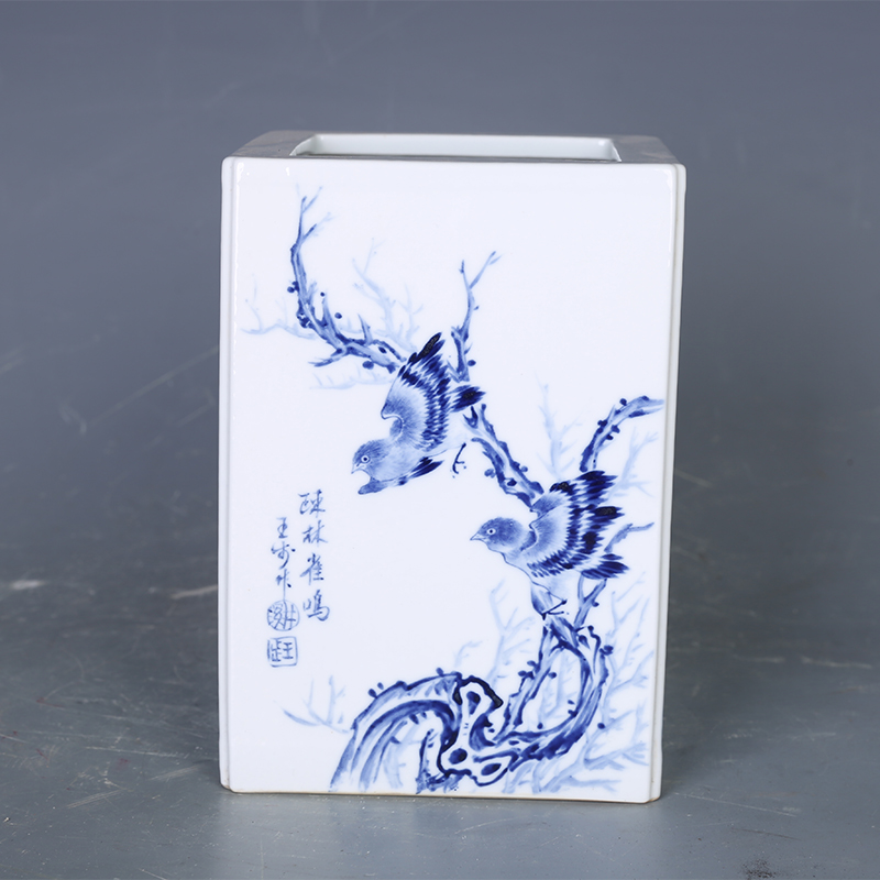 民国瓷器王步青花花鸟纹四方笔筒古董古玩青花瓷老物件收藏真品