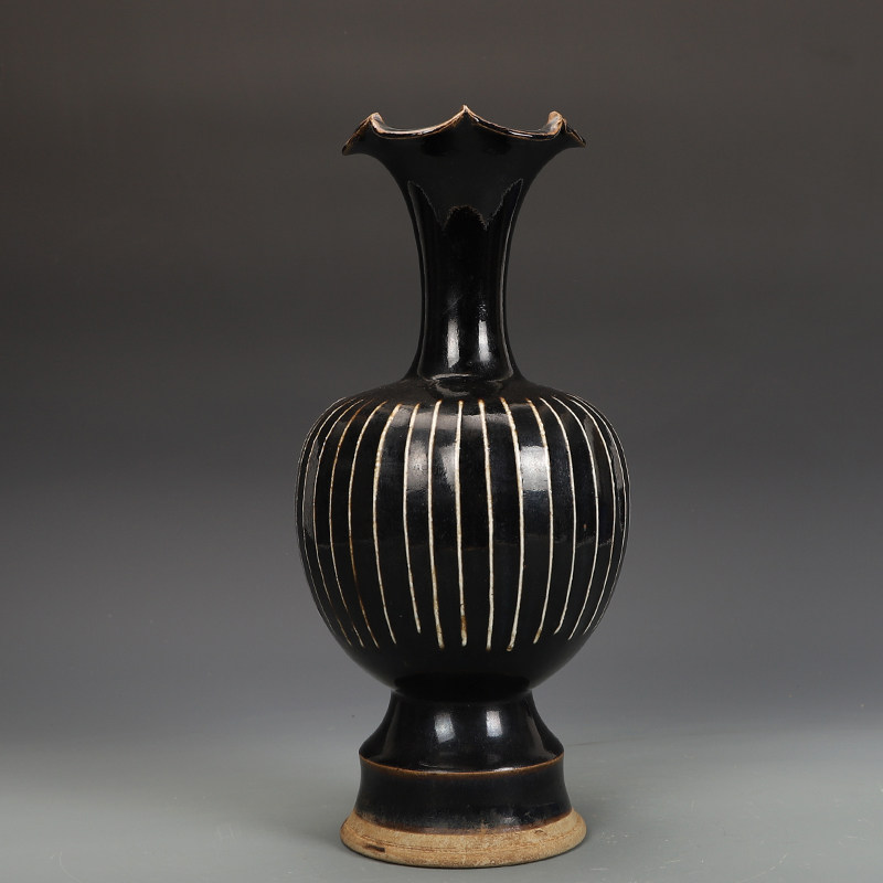 宋瓷收藏磁州窑系山西介休窑线纹花口瓶古董古玩旧货老货收藏