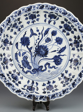 大明永乐青花一束莲纹大盘董古玩收藏品保真瓷器老物件老货摆件