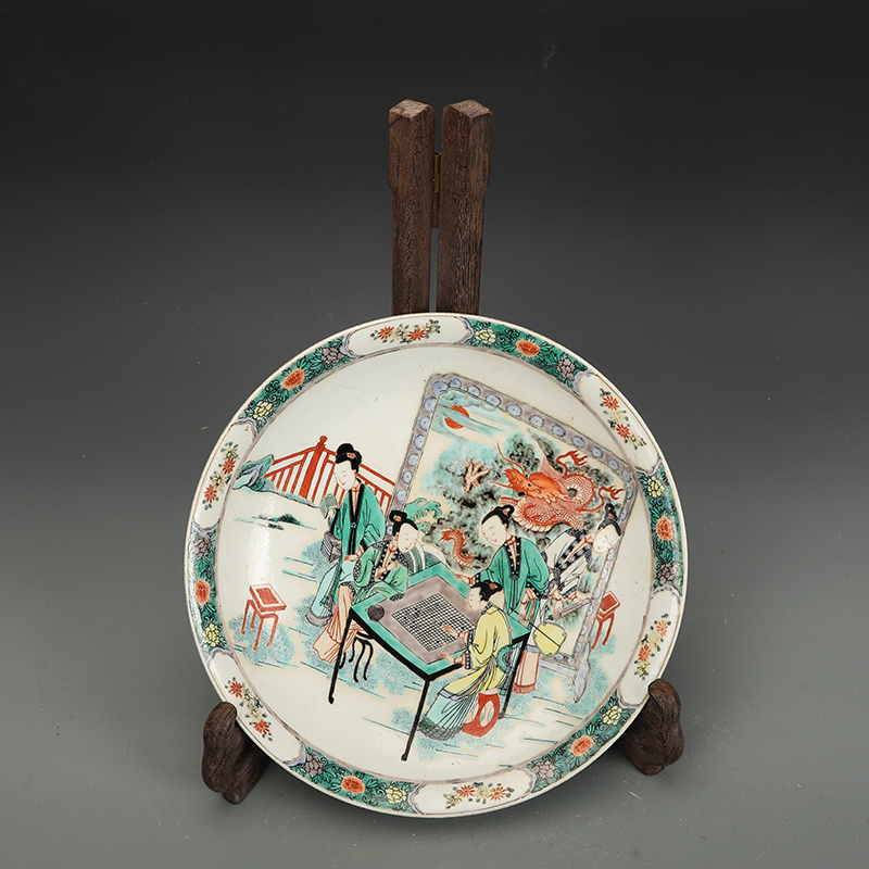 清康熙瓷器五彩侍女下棋图盘古董古玩明清老瓷器旧货老货收藏