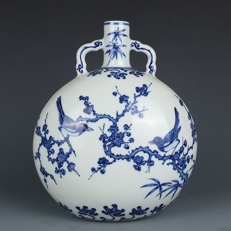 清雍正青花喜鹊闹梅双耳扁瓶收藏品老货瓷器古董古玩老物件摆件