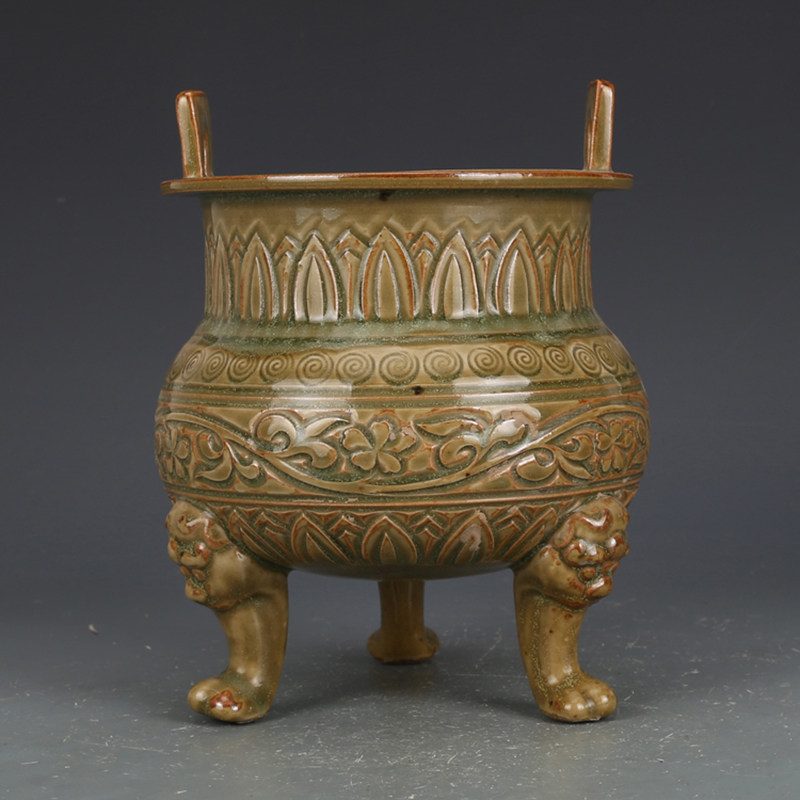 宋耀州窑青瓷刻花香炉 古董古玩 老货旧货收藏品 全手工 宋瓷出土