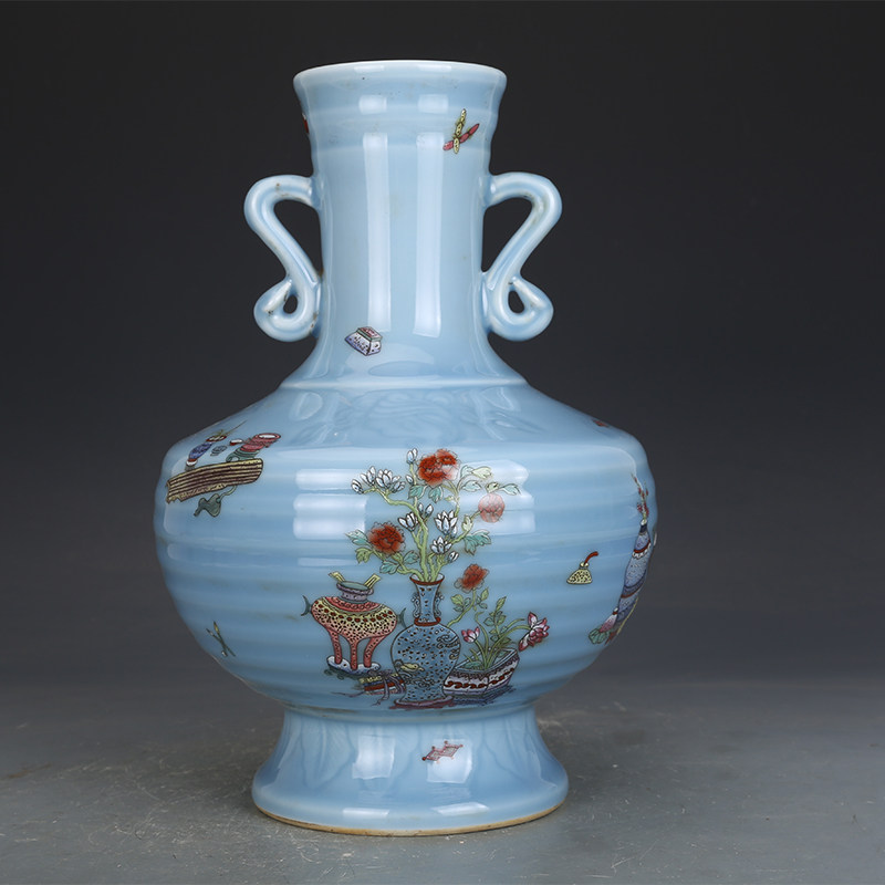 清乾隆瓷器天蓝釉粉彩花卉双耳瓶古董古玩明清老瓷器旧货收藏品