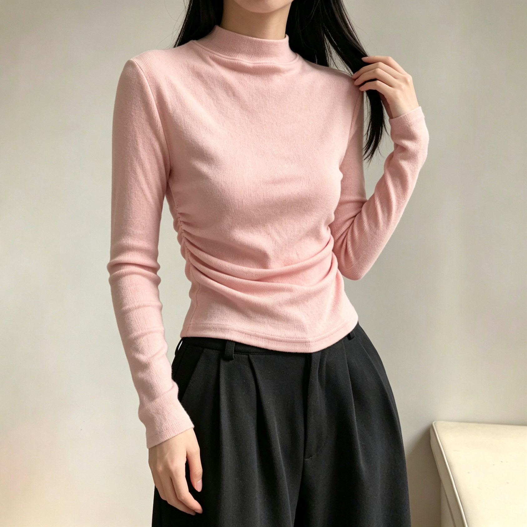 日式简约高级感半高领长袖T恤女修身显瘦通勤内搭打底衫秋季上衣