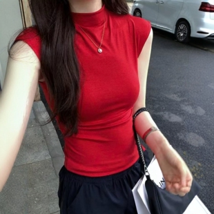正红色背心t恤女早夏紧身弹力显瘦性感甜辣风穿搭半高领无袖上衣
