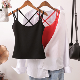 冬交叉美背短款加绒加厚甜辣吊带背心女内搭打底衫保暖小掉带黑色