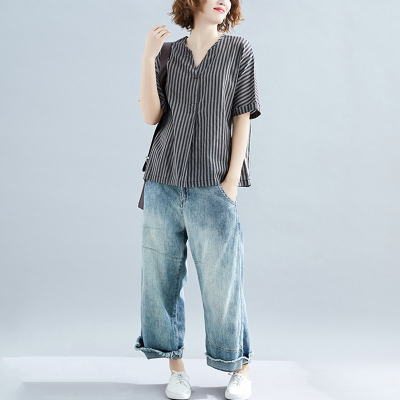 Big size dress Xia fat mm Easy Cotton and hemp stripe shirt Versatile suit Fat women shirt jacketin the Women's clothing/Boutique , Large size women  category - from Buy2taobao.com to provide professional Taobao agent buy service
