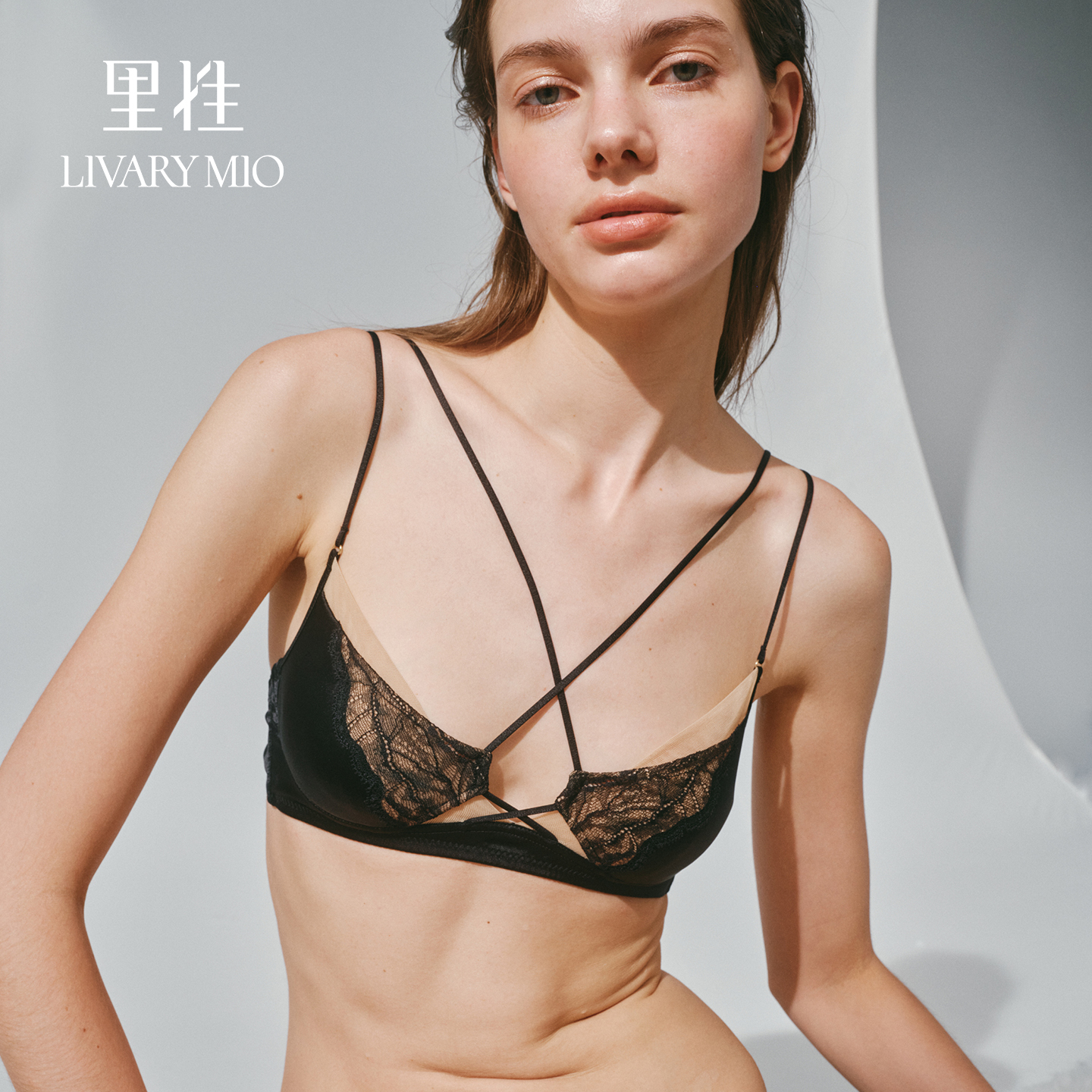 Livary Mio/里性猫眼 真丝蕾丝双罩杯文胸交叉细肩带法式内衣