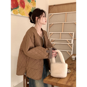 复古菱形格棉衣棉服女冬季新款小个子高级感宽松加厚保暖棉袄外套