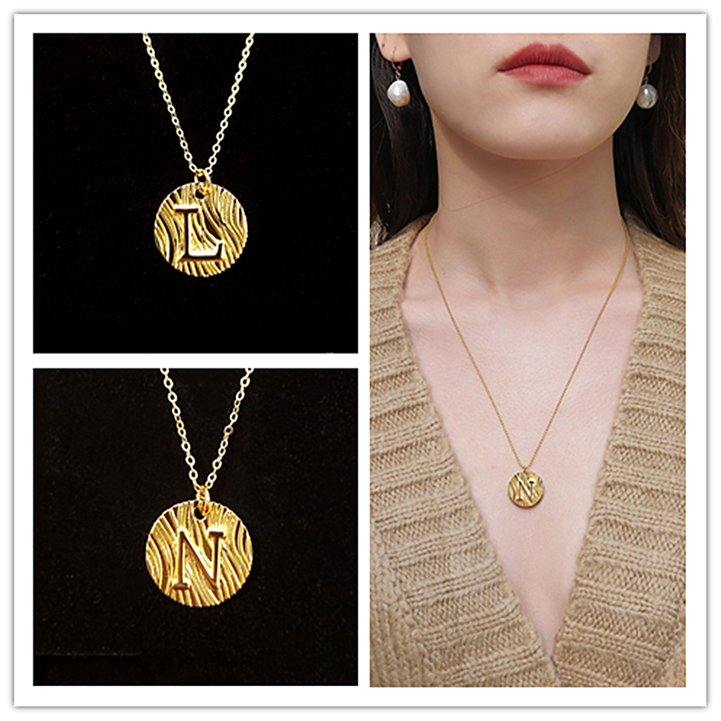 意大利字母项链纯银镀黄金 女罗马硬币复古圆牌星座锁骨链毛衣链
