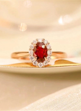 调太幅18K金鸽血红宝石戒指 女经典纯银镶嵌指环复古礼物情侣对戒