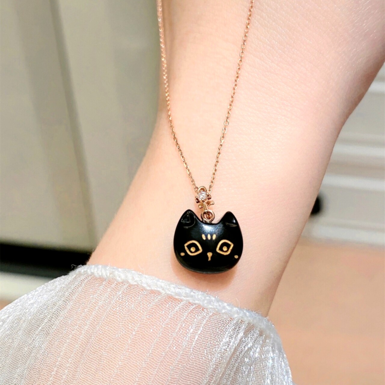 monolo安德森黑猫项链 女18k金玫瑰金黑玛瑙可爱猫咪项链简约甜美