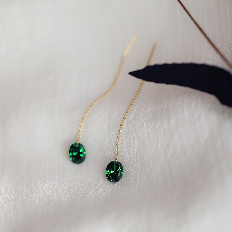 【祖母绿耳线】女纯银镀18K黄金流苏 潮长款耳钉宝石耳环韩国简约