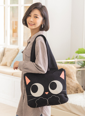 Kine猫 捂脸猫咪大容量单肩手提包女休闲百搭通勤电脑包包邮黑色