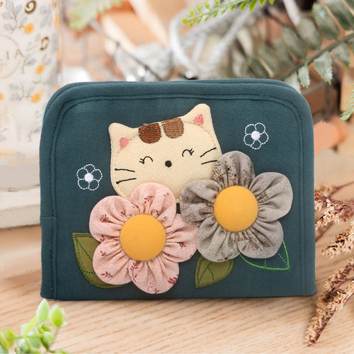 kine猫花朵猫女卡通立体短款钱包