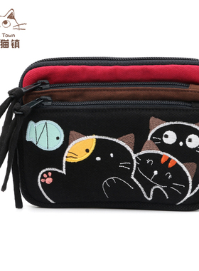 日本设计KINE猫剪影猫纯棉帆布可爱卡通小猫拼布零钱硬币包收纳袋
