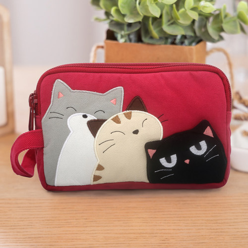 kine猫棉布卡通三层拉链手机包女