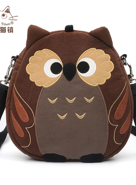 特！日本设计kine猫猫头鹰纯棉布艺可爱卡通女式斜挎包带小手提袋