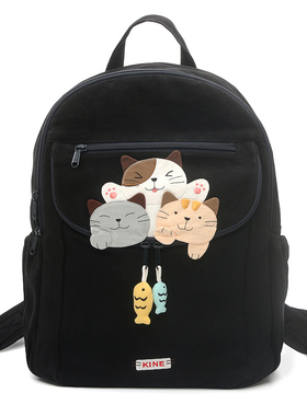 日本设计kine猫纯棉帆布布艺手工拼布多功能可爱双肩包书包电脑包