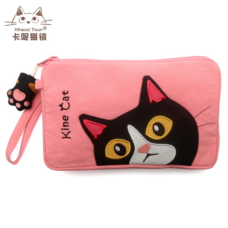 日本设计KINE猫纯棉布艺手工贴布卡通可爱大屏手机包化妆包收纳包