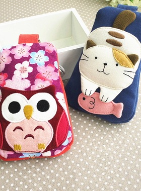 日本插画KINECAT 可爱猫咪纯棉女士卡通创意钥匙包汽车钥匙包包邮