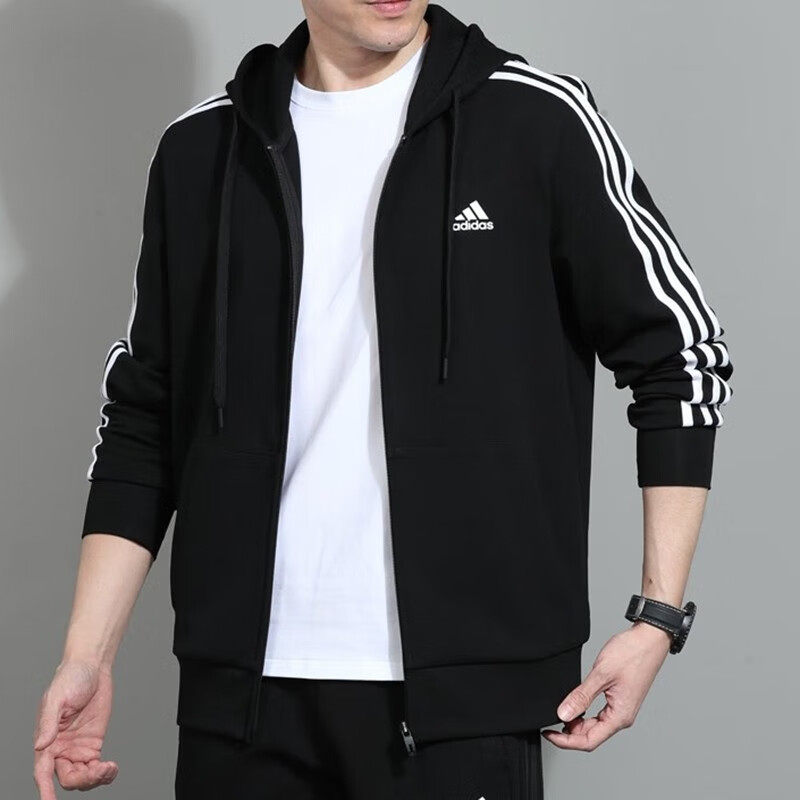 阿迪达斯外套男装春季新款三条杠运动服宽松连帽加绒夹克男GK9032