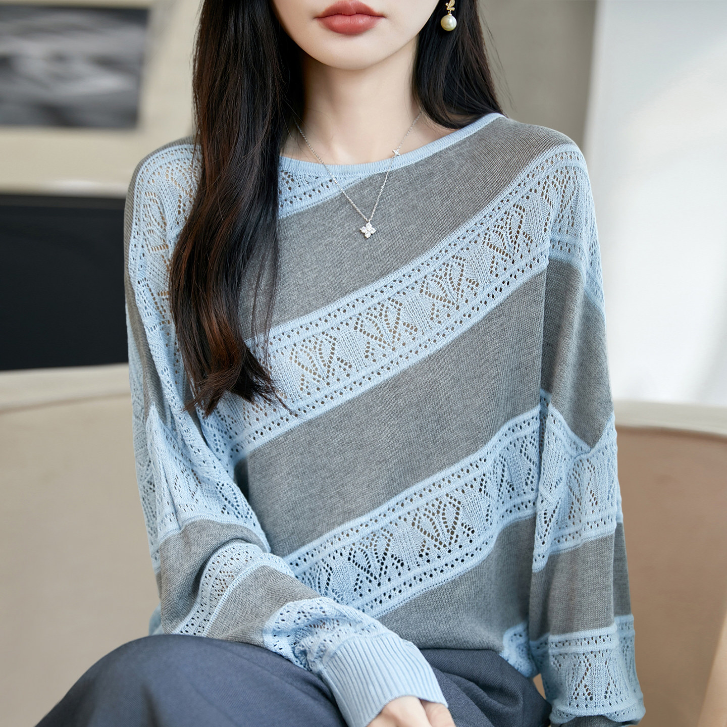 2026新款撞色秋季大码针织开衫外套女洋气中老年女装上衣秋冬毛衣