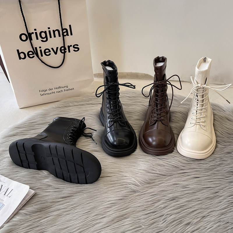 马丁靴女2024年秋季新款春季薄时尚洋气英伦单靴显瘦厚底白色短靴