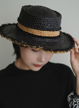 Lion～自留休闲感手边拉菲草丝柏草拉毛宽檐平檐草帽春夏Porkpie