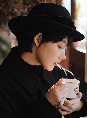盆帽女高支羊毛呢复古翻边