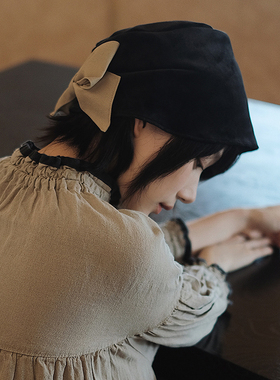 Lion～手写信 复古古典丝绒蝴蝶结盆帽小礼帽波奈特bonnet秋冬女