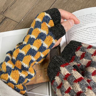 Lion~绿山墙的安妮 自留手工编织羊毛小房子图案毛线半指手套女