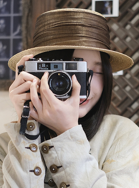 Lion～嘀嗒 自留金丝草平顶平檐草帽真丝麻褶皱装饰boater hat