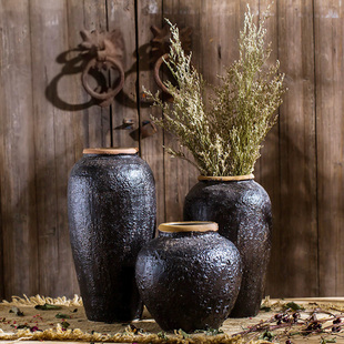 景德镇陶瓷花瓶客厅插花干花摆件覆古黑陶粗黑色文艺陶罐坛子花器