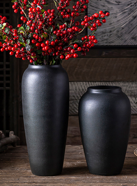 陶瓷粗陶复古黑色陶罐花瓶摆件黑陶客厅银柳落地大号冬青干花插花