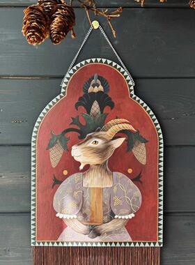 Ciciglobuy小众设计师手工手绘复古风小羊流苏挂画装饰画工艺品