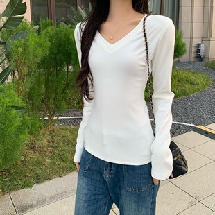 4618实拍280克螺纹德绒V领打底衫女春秋冬内搭加厚加绒长袖T恤