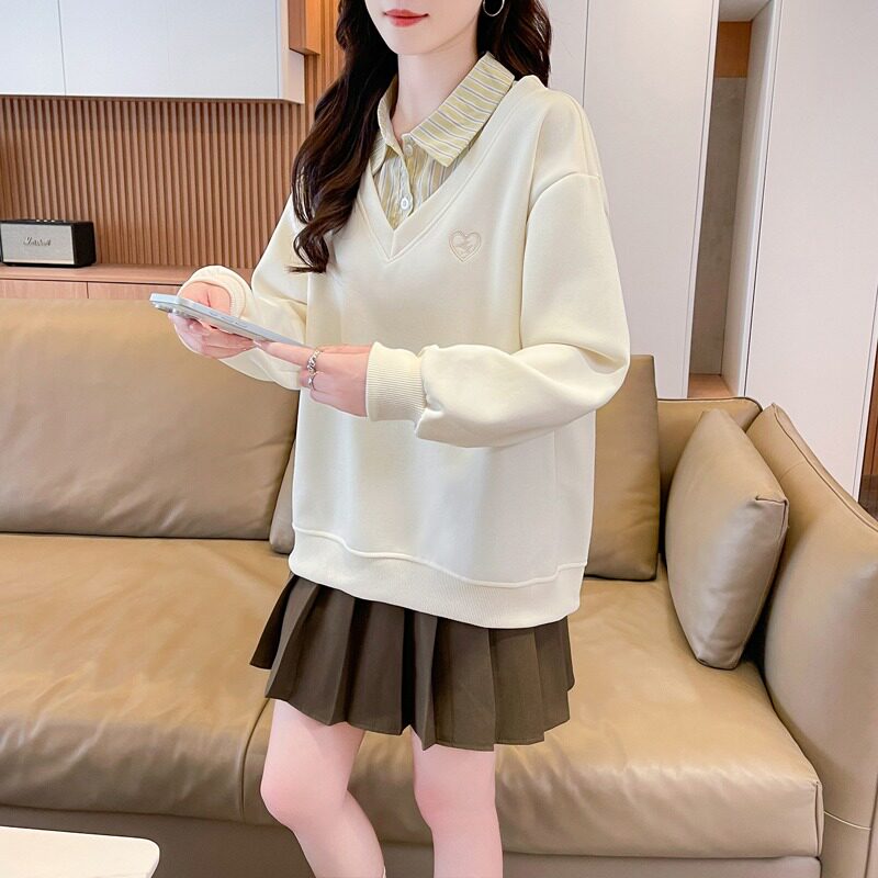 实拍仿华棉复合春秋卫衣女新款假两件POLO设计感小个子宽松上衣图片