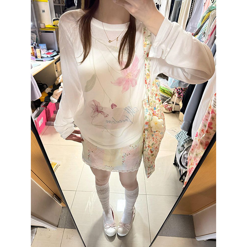 外贸原单出口~白色花卉印花防晒罩衫t恤女夏季宽松慵懒风长袖上衣