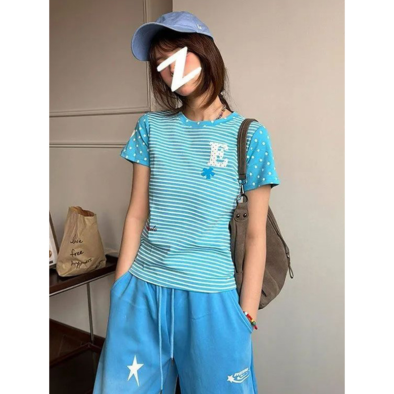 外贸原单出口~多巴胺蓝色波点条纹短袖t恤女夏季韩系修身短款上衣