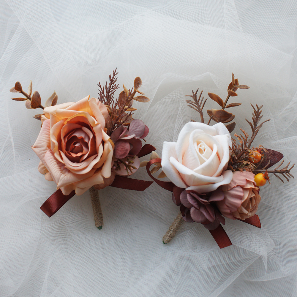 INS欧美复古咖色森系仿真花新郎襟花伴郎团亲友胸花手腕花定制