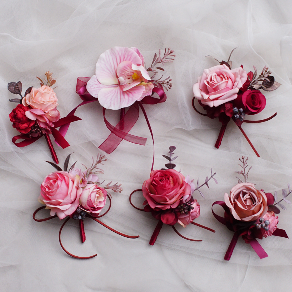 仿真复古红色粉色主婚人襟花新郎伴郎姐妹手腕花会议胸花嘉宾花