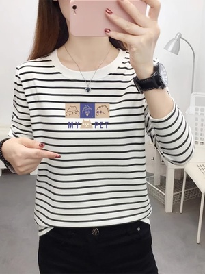 2025春装新款黑白条纹打底衫女纯棉韩版宽松大码女装长袖t恤上衣