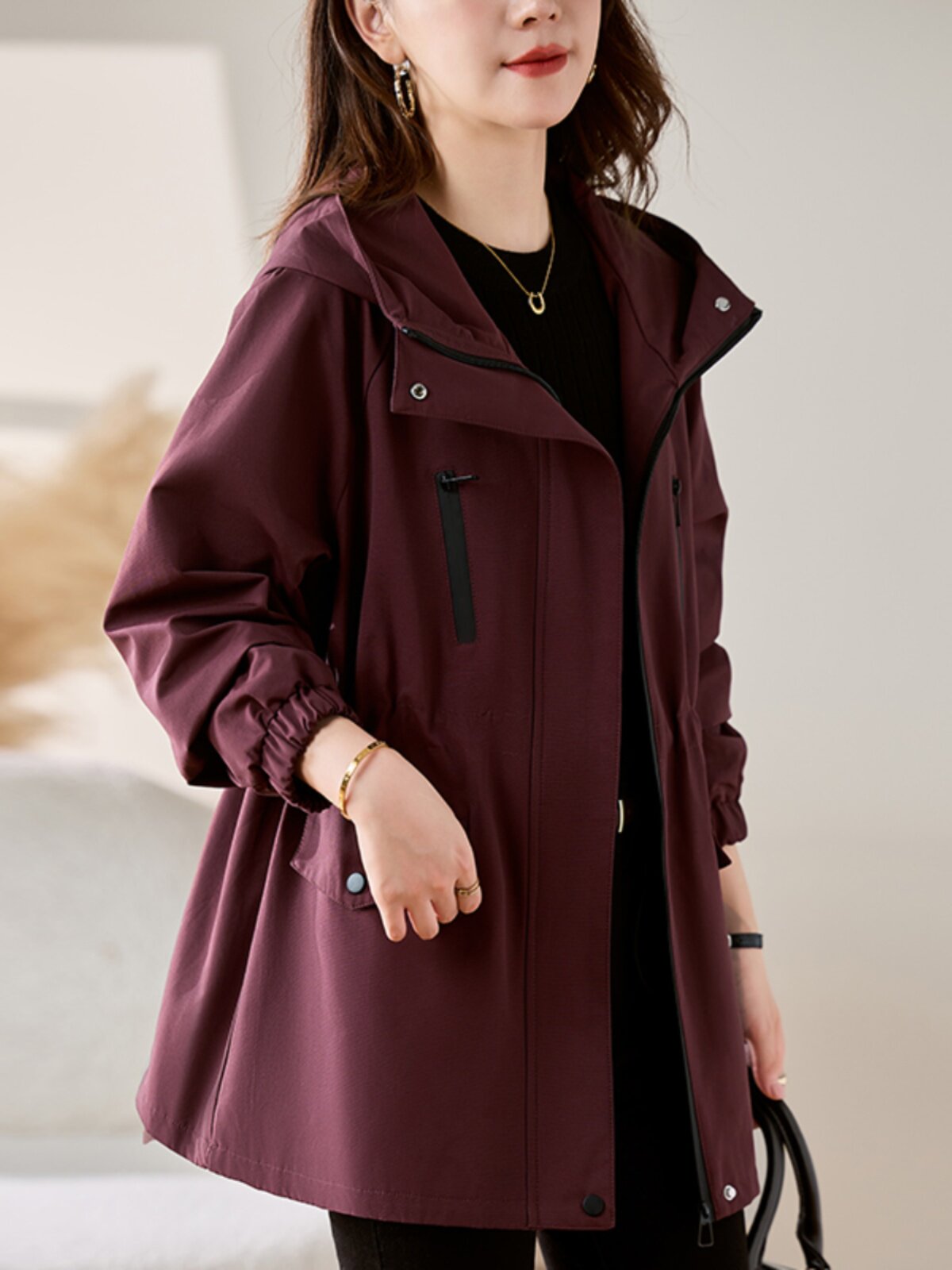 风衣外套女2025春秋新款中长款时尚洋气大码宽松显瘦休闲连帽上衣