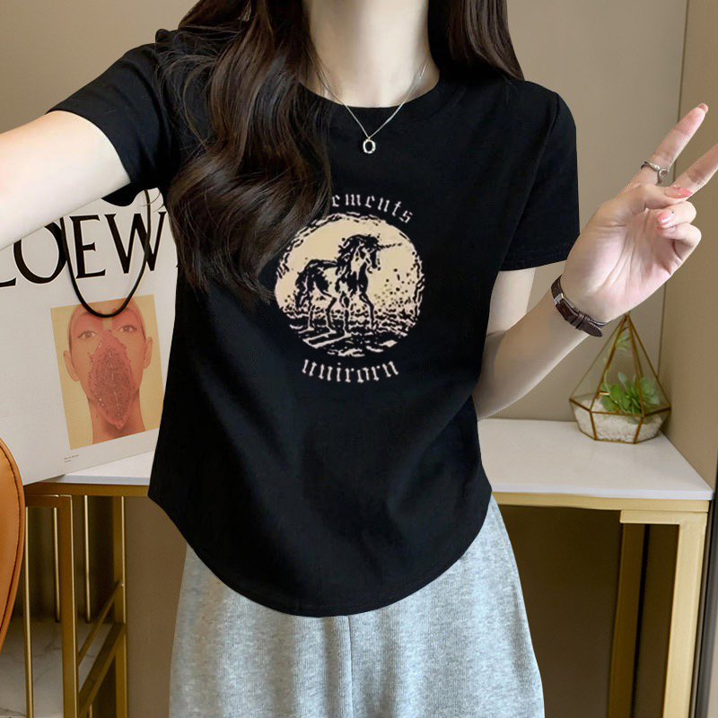 潮牌黑色纯棉短袖T恤女2025夏季新款修身显瘦设计感不规则上衣潮