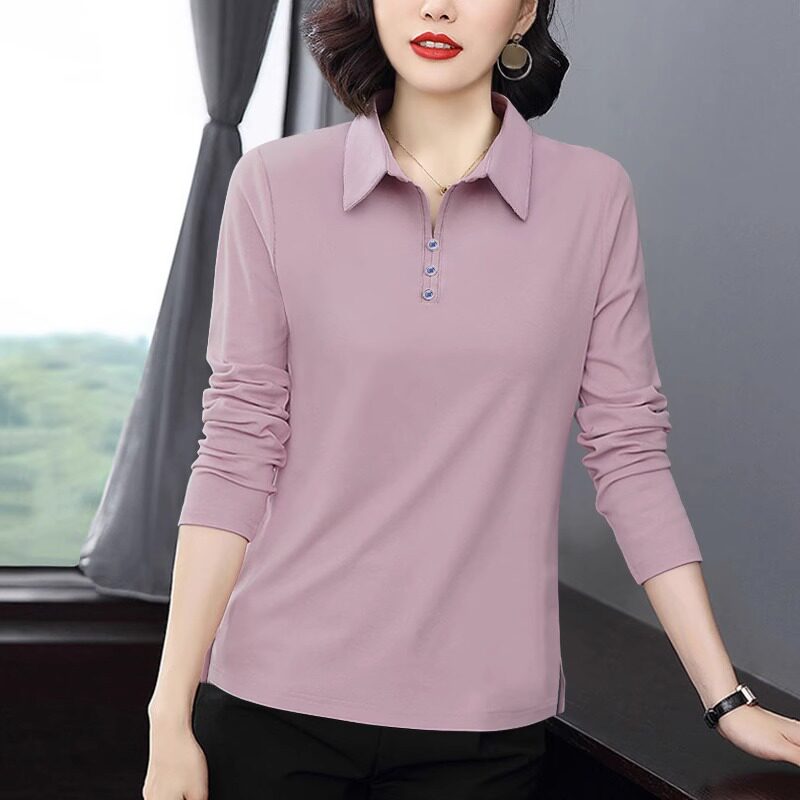 长袖t恤女春秋2025年新款polo衫大码宽松中年妈妈纯棉打底衫上衣