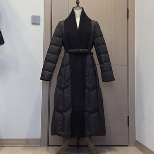 25冬季时尚羊毛大翻领白鸭绒保暖长款羽绒服洋气妈妈收腰过膝外套